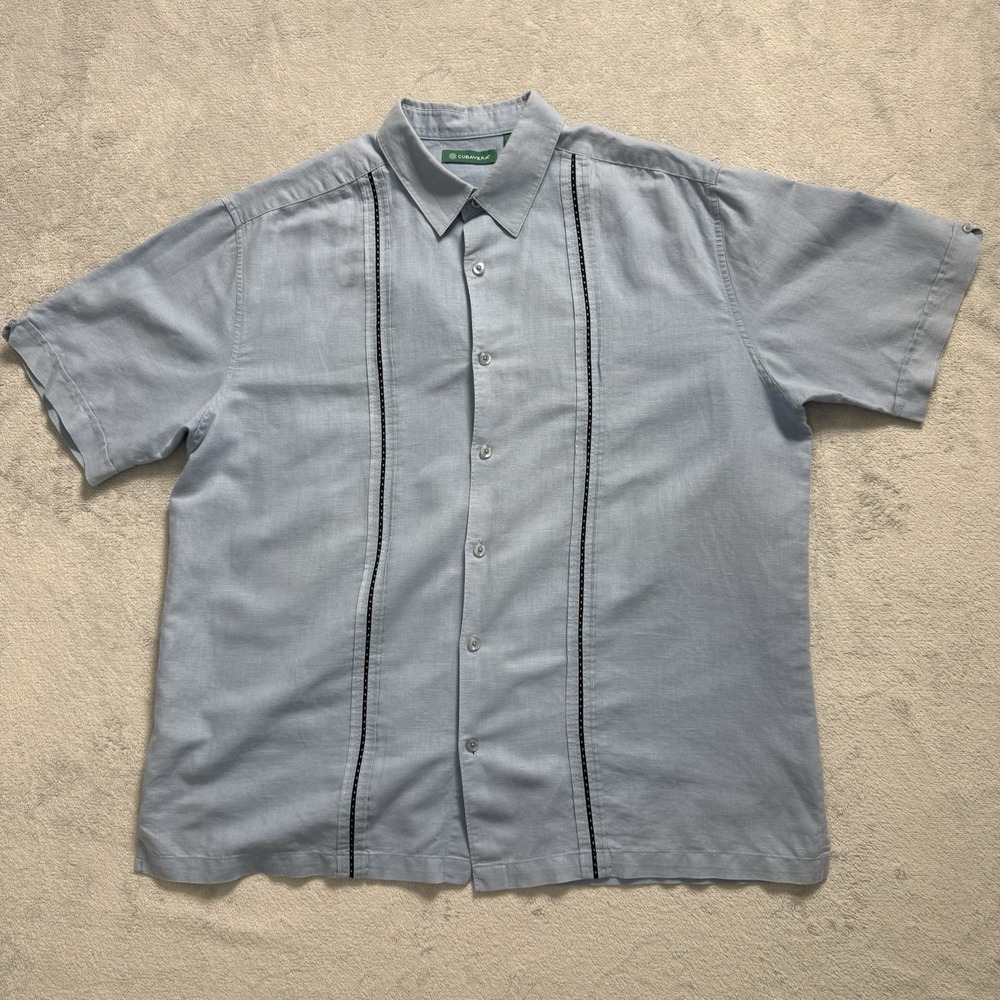 Cubavera Mens XL Blue Linen Guayabera Shirt Constrat Trim Short Sleeve Button Up